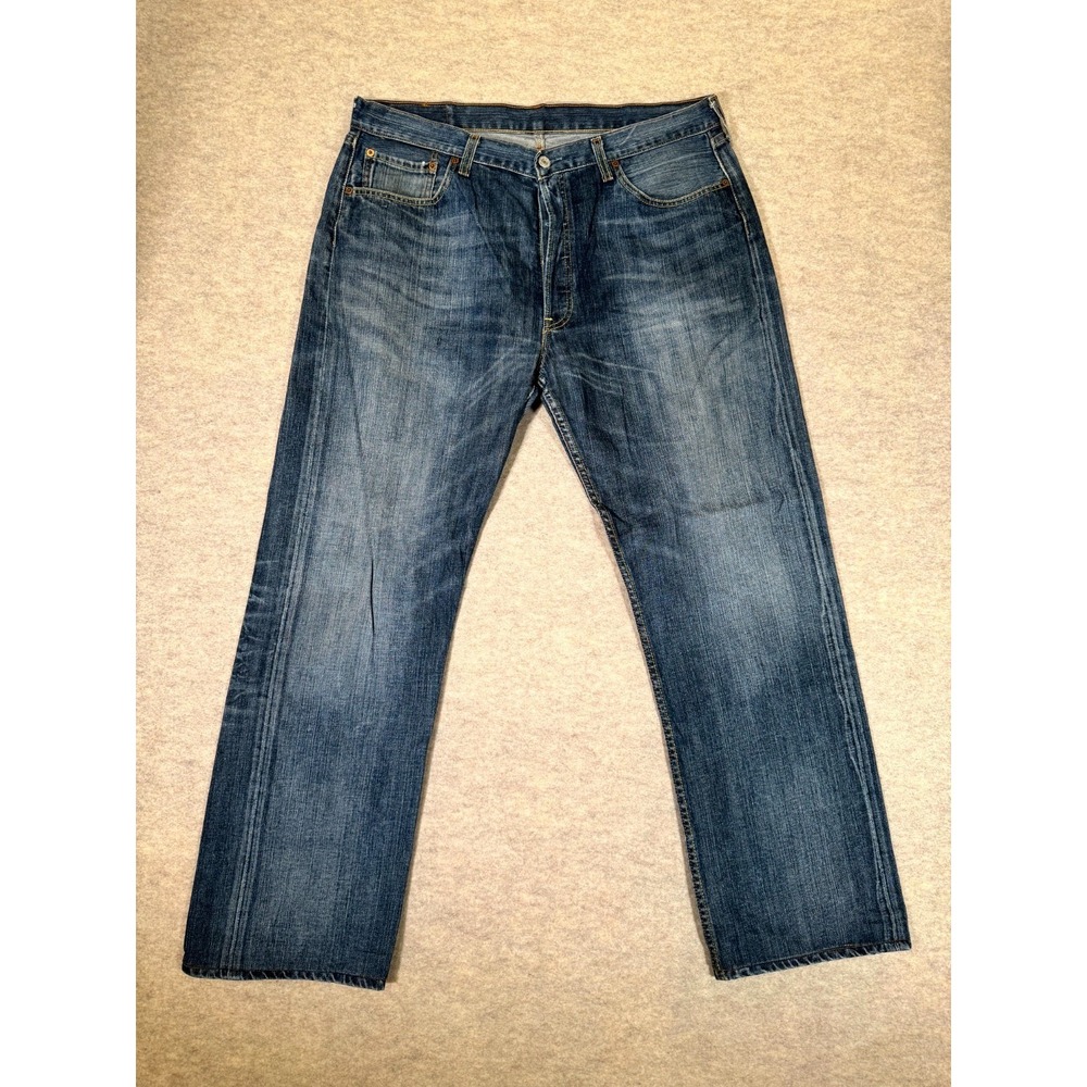 Levis 501 Original Fit Jeans Men 38x34 Blue Whiskering Denim Cotton Straight Leg